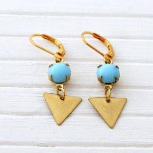 Brass Triangle Earrings With Powder Blue Drops