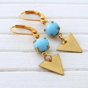 Brass Triangle Earrings With Powder Blue Drops